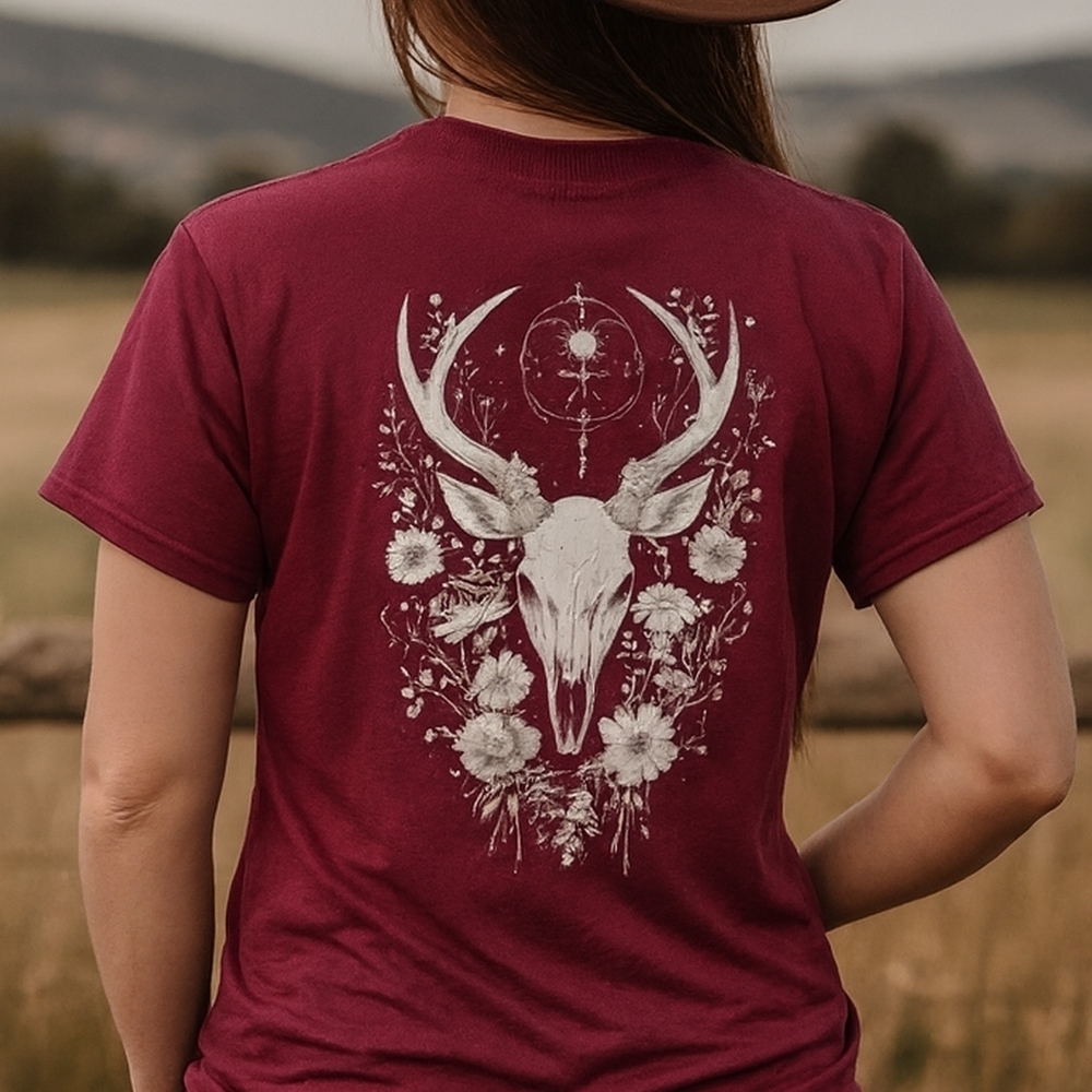 Mystic Deer Skull Graphic Tee • Western Boho Floral Antler Shirt • Maroon